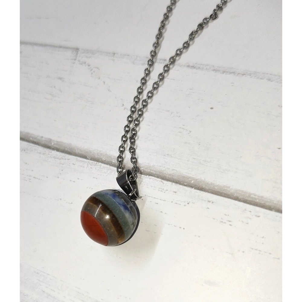 18 In Stainless Steel Necklace w/ 7 Chakra Natural Healing Stone‎ Sphere Pendant